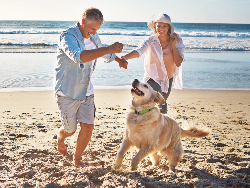 older couple at beach with dog adult lifestyle communities