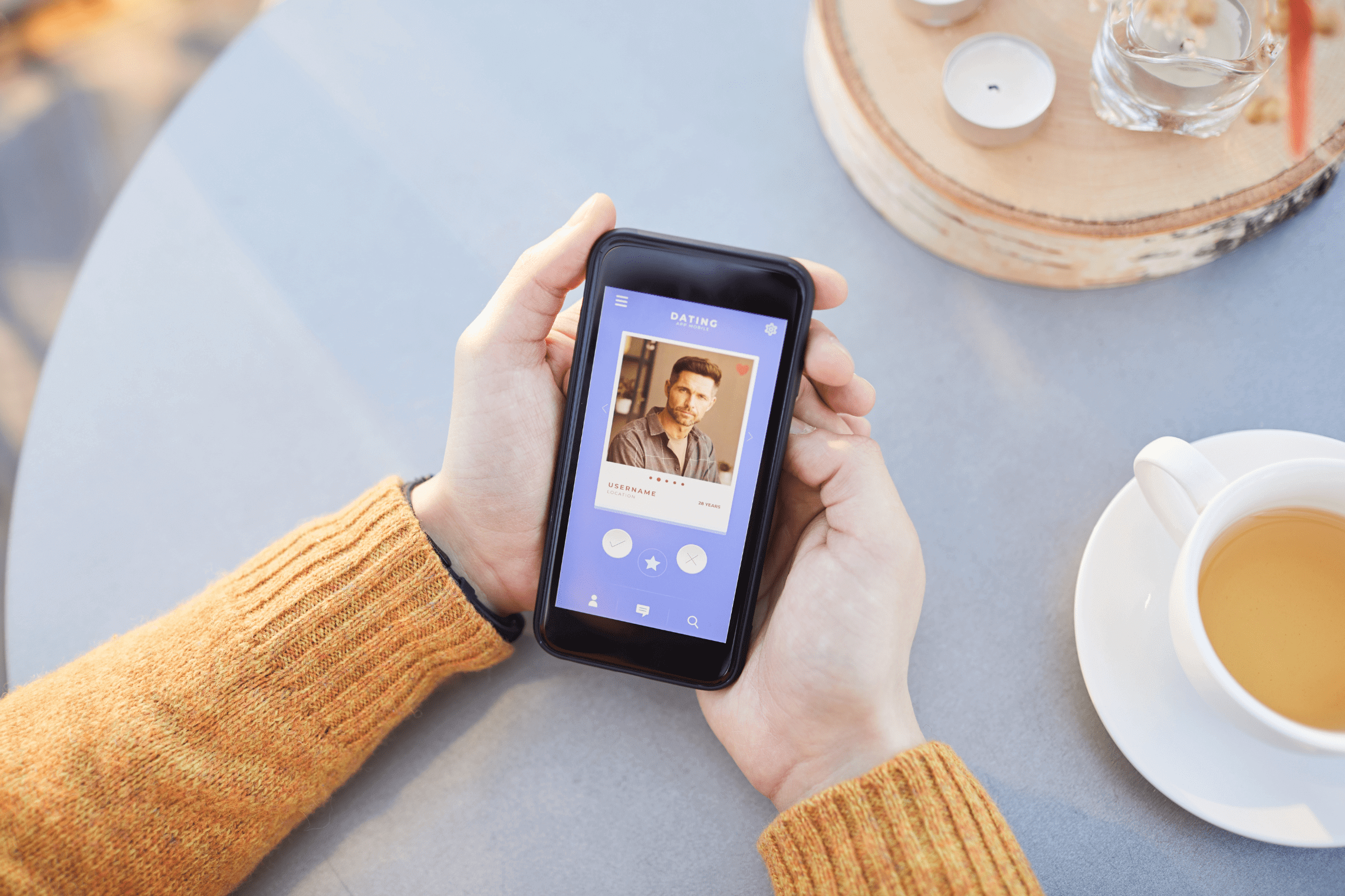 An image of a woman holding a phone with a man's dating profile on it.
