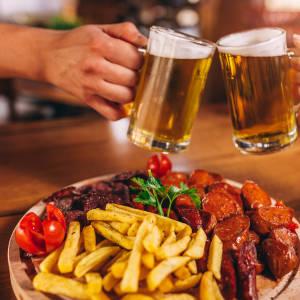 An image of pub food and beer.